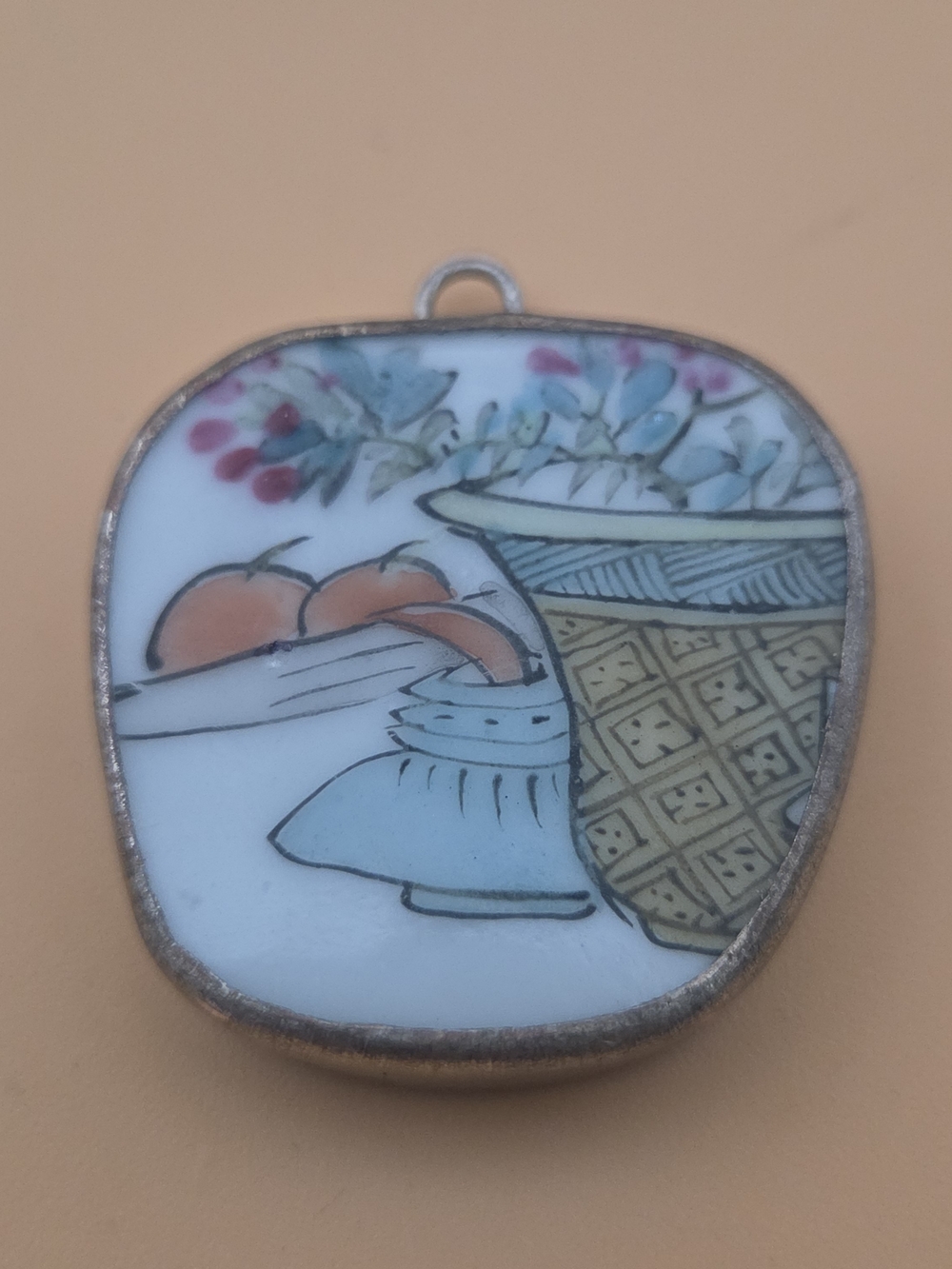Chinese Porcelain Plaque Hand Painted Traditional Fruit Silver Plate Pendant